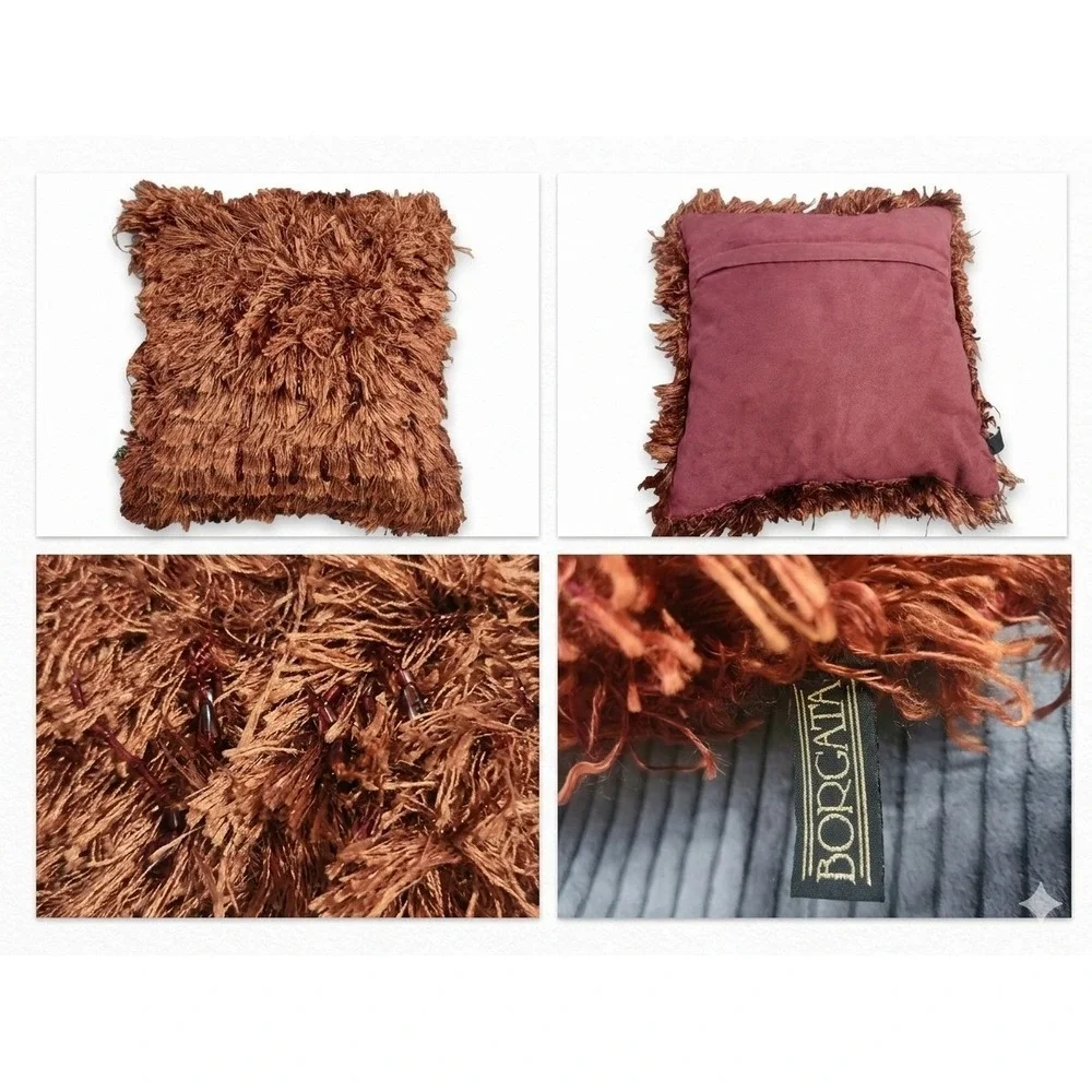Borgata Beaded Shaggy Fringe Throw Pillow Copper Maroon‎ Burgundy 15x15 Square